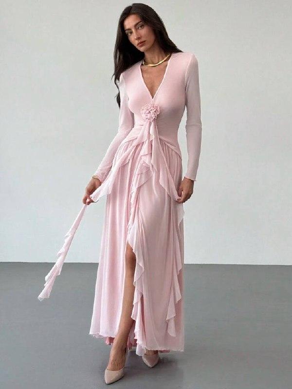 Deep V-neck Mesh Maxi Dress