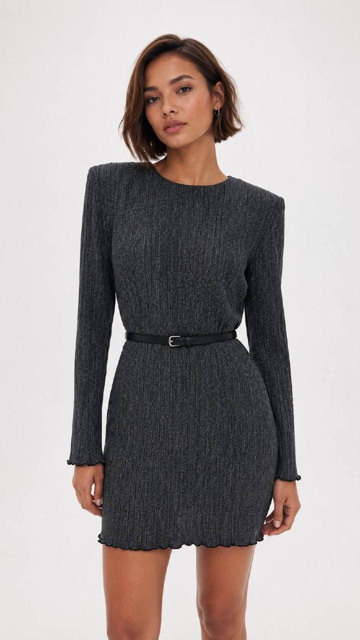 Metallic Long-Sleeve Keyhole Back Dress