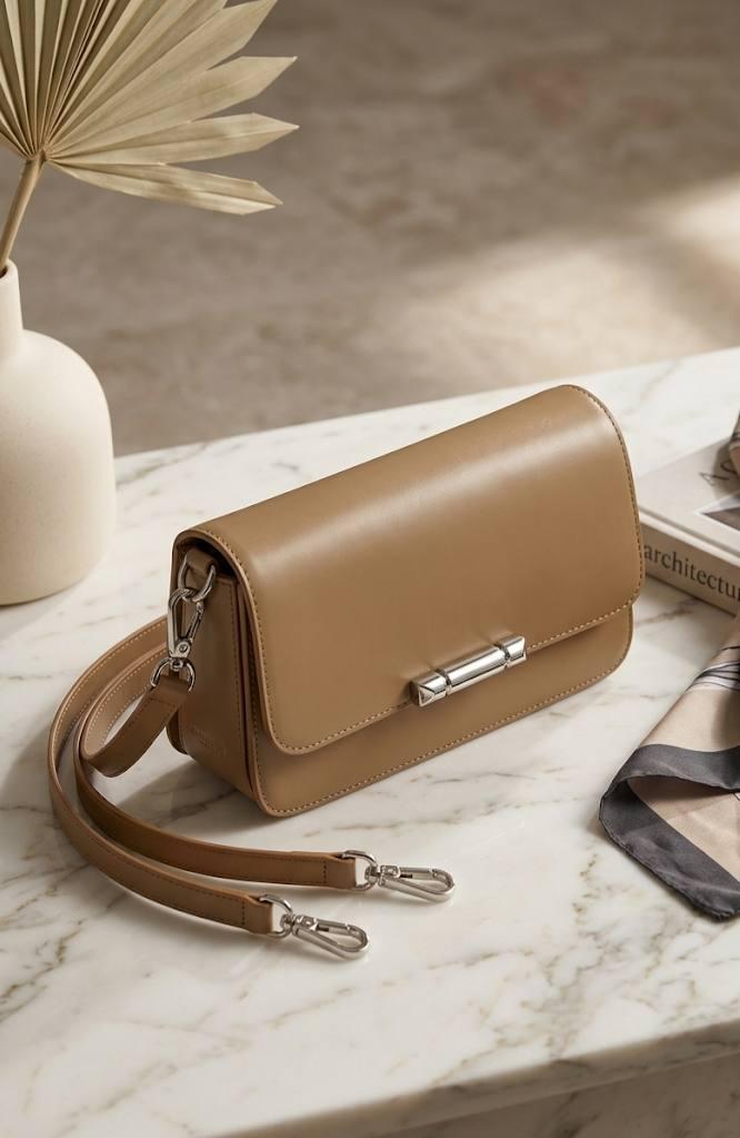 Pure Leather Metal Clasp Brown Bag