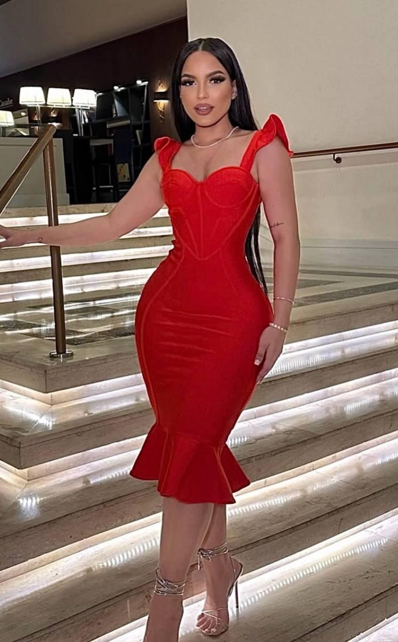 Brinley Mermaid Bandage Midi Dress - RED
