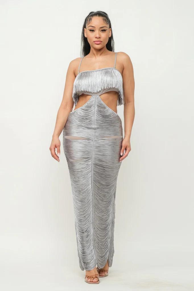 Silver Lux Fringe Maxi Dress
