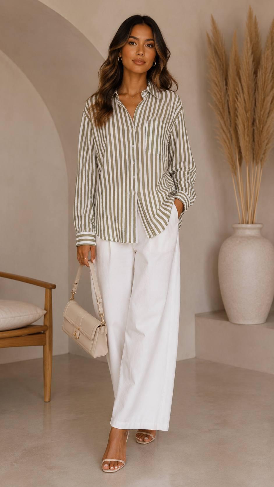 Striped Button-Down Blouse In khaki and white