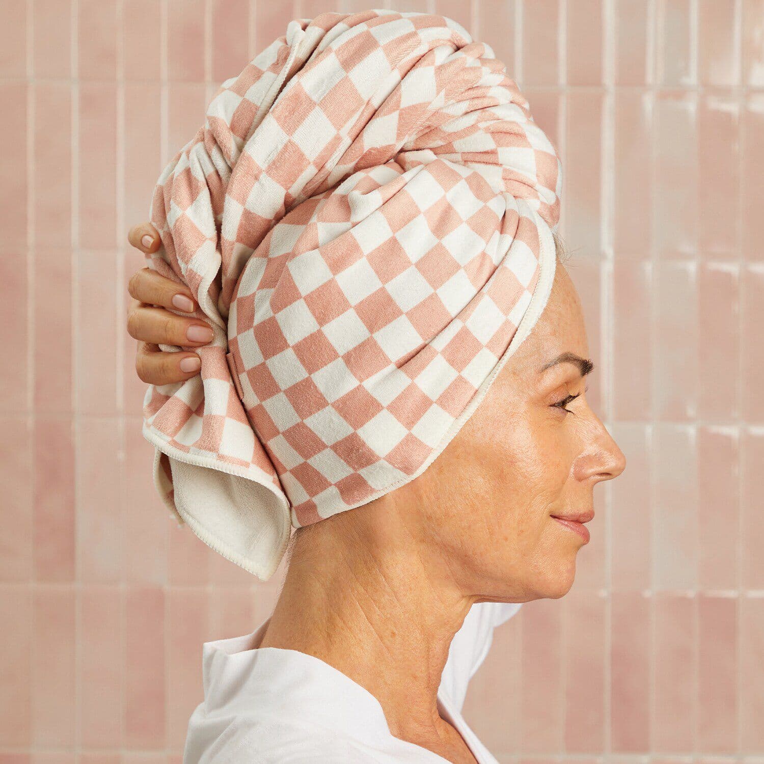 XL Quick-Dry Hair Towel Wrap - Terracotta Checker